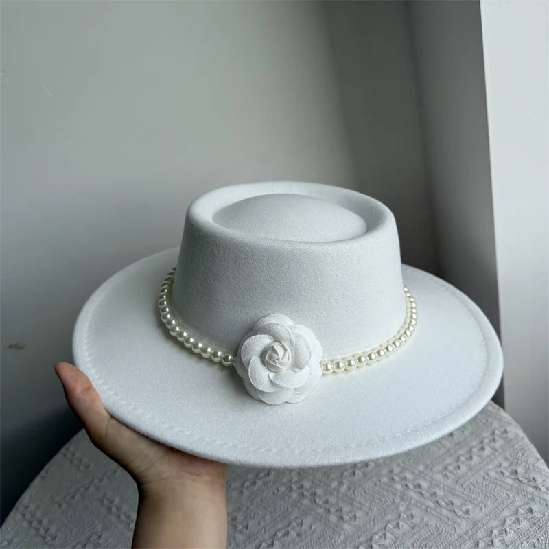 Women's Fashionable Fedora Hat 10CM Wide Brim Flat Top Felt Hats For Wedding And Jazz