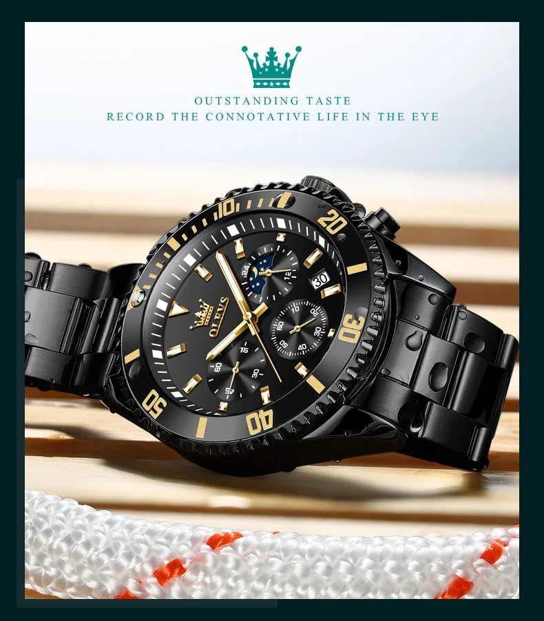 Men's Watches Top Brand Luxury Watch for Men Original Waterproof Stainless Steel Chronograph Moon Phase Date Rota Dial