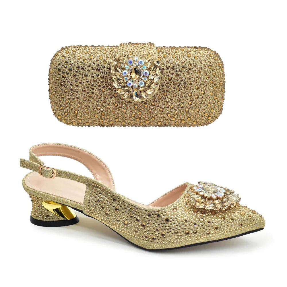 New Italian Shoe and Bag 2024 High Quality Luxury Full Diamond Italian Shoes and Bags Matching Set Decorated with Rhinestone