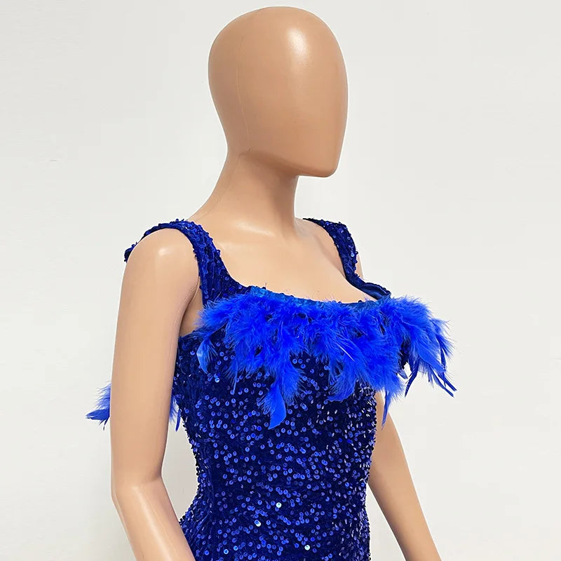 Spring And Summer Women's Clothing MINI Short Solid Color New Wind Sequins Halter Beach Dress One-word Shoulder Feathers Spice G