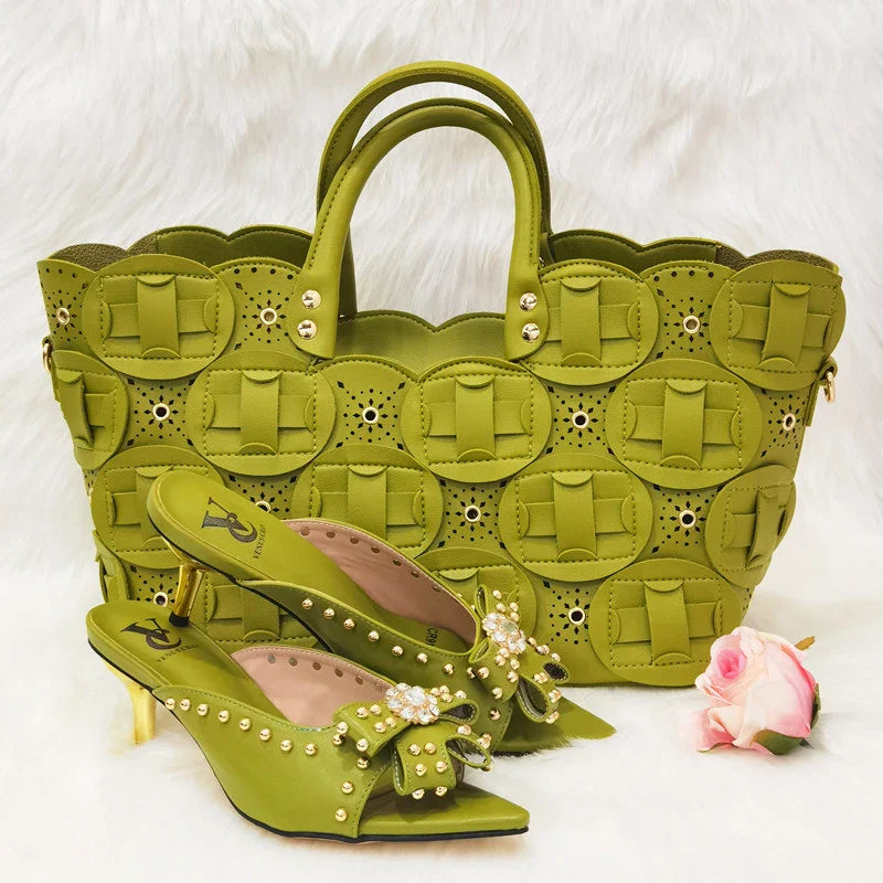 2022 Rivet Style  Women Shoes and Bag to Match in Color matching High Quality Nigerian Design Matching Shoes and Bag