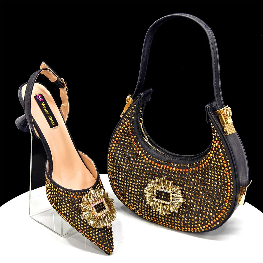 2025 Nigerian Women's Party Shoes and Bags Medium Heel Pointed Toe Elegant Party Footwear With Matching Color Handbag for Women