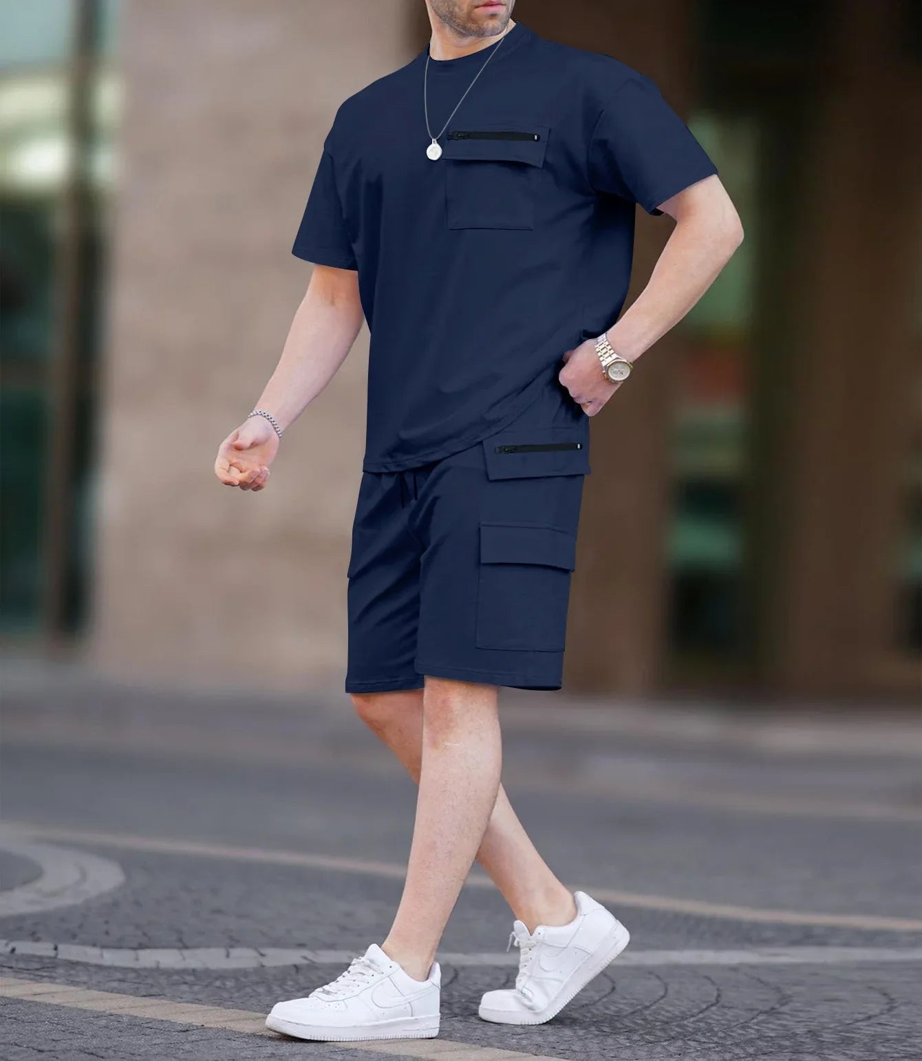 Summer 2025 Men's Short Sleeve Multi-Pocket Utility T-Shirt Shorts Casual Set for Western Europe and America