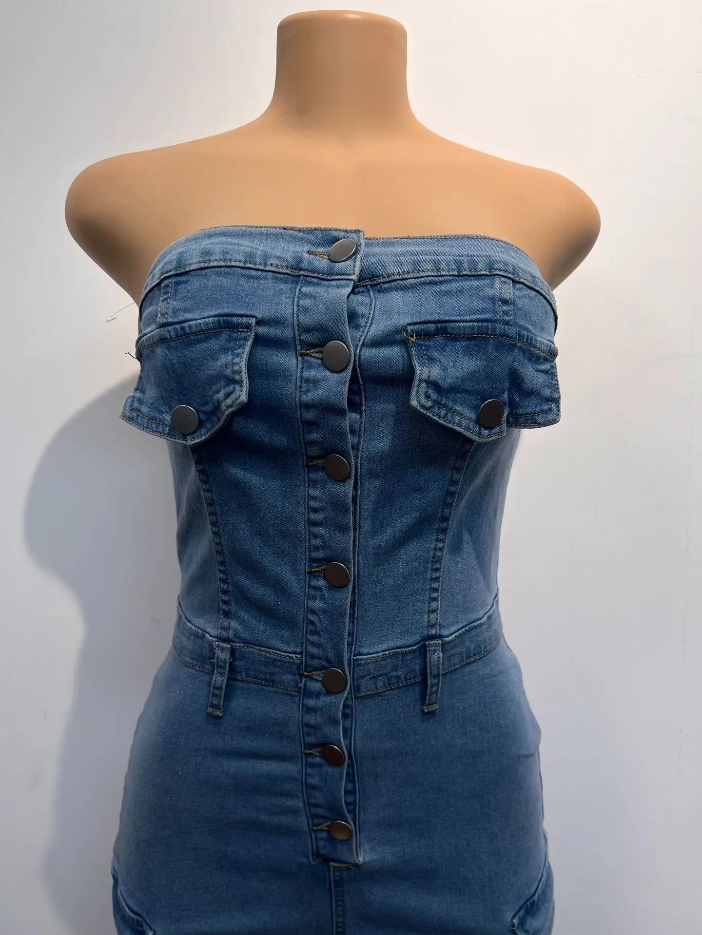CM.YAYA Women Strapless Sleeveless Wide Leg Jeans Jumpsuits Button Pockets Cargo Street Night Playsuit One Piece Suit Rompers