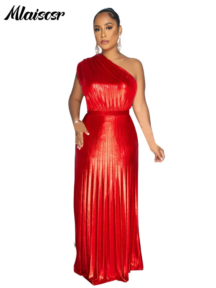 Women's Metallic Golden One Shoulder Sleeveless Pleated A-Line Long Dress Elegant Luxury Evening Gowns