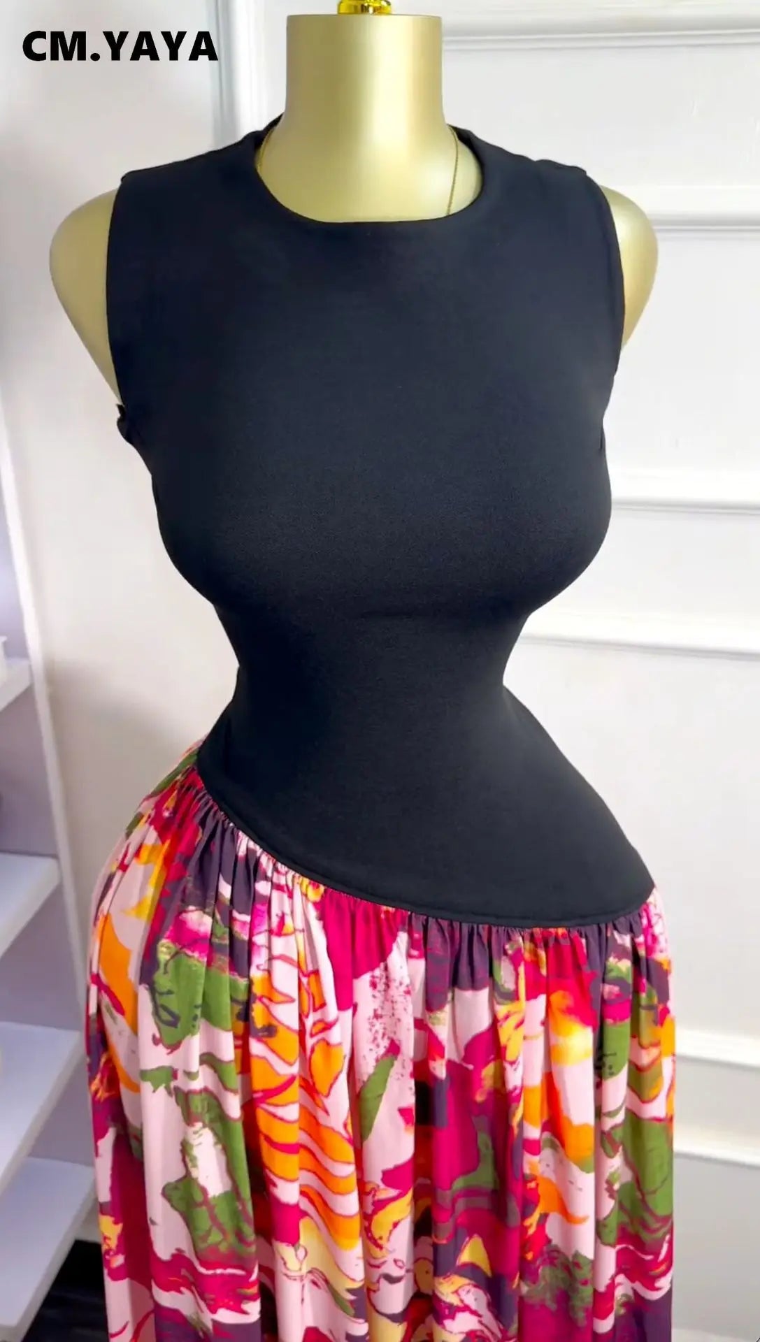 CM.YAYA Women Sleeveless with Sashes Printed Patchwork Tank Long Maxi Dress 2025 Birthday Evening Sexy Party Dresses Vestidos