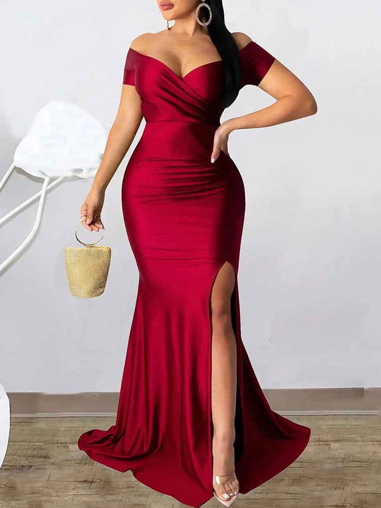 New In Dresses V-neck Dress High Slit Solid Color Elegant Long Maxi Dresses Wedding Bridesmaid Club Party Dresses Female
