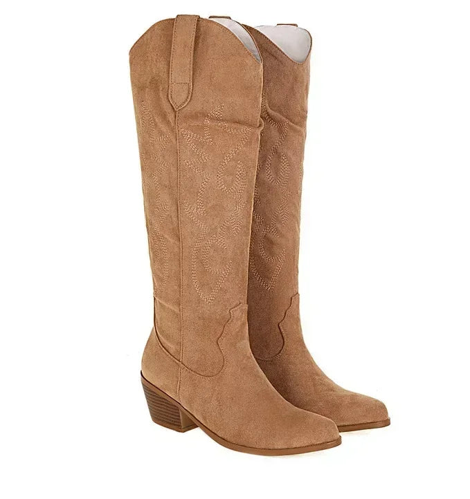 Pointed Toe Knight Boots for Women Brown PU Leather Knee High Boots Woman  Autumn Winter Western Cowboy Long Botas Mujer 2024