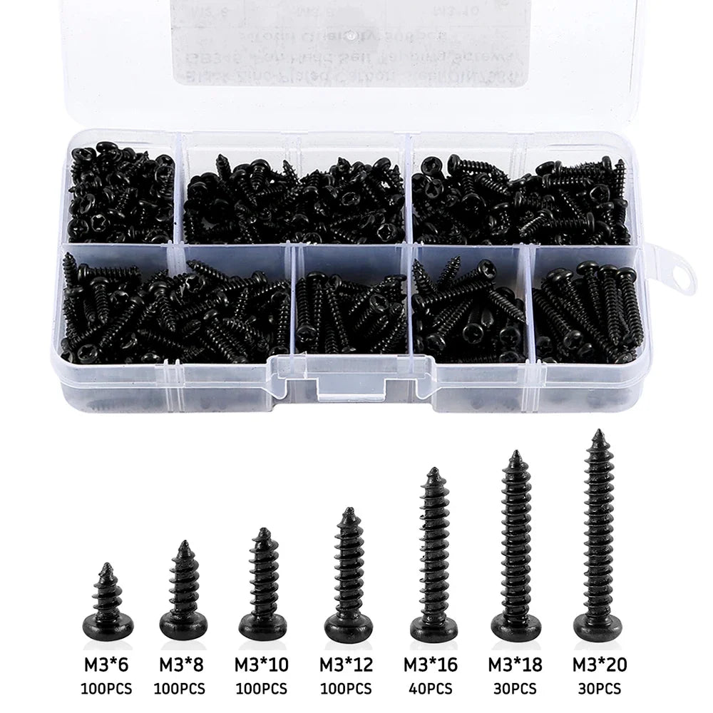 500/1000Pcs M3 Screws Sets Self Tapping Screws Pan Head Cross Drilling Wood Screw Assortment Kit M3/M4/M3.5/M4.8 Carbon Steel