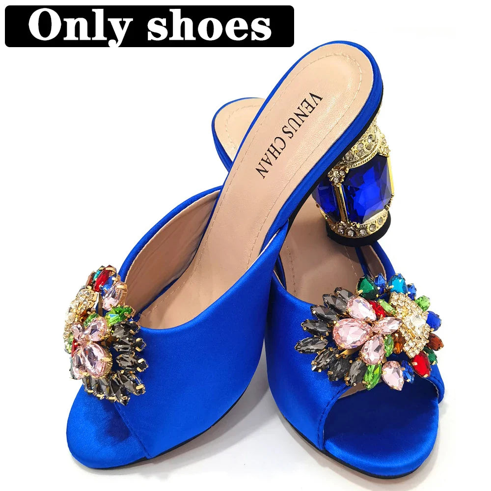 2022 Yellow Color Luxury Rhinestone Heel Fashion Party Women's High Heels Elegant Evening Sandals Wedding Bags and Shoes with