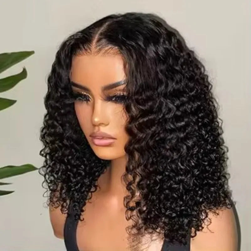 Natural Black Color Short Bob Cut 13X4  Lace Frontal Synthetic Wig For Women Deep Curly Preplucked With Baby Hair Cosplay Daily