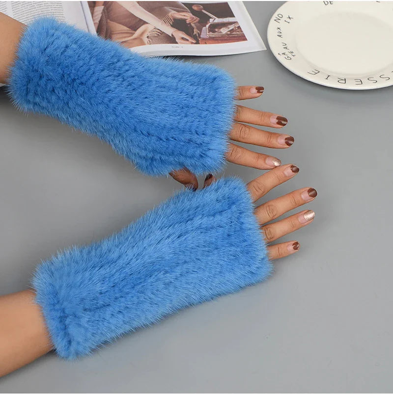 2025 New Brand Style Top Quality Women's 100% Winter Warm Real Mink Fur Knitted Half Finger Gloves Girls Typing Mittens