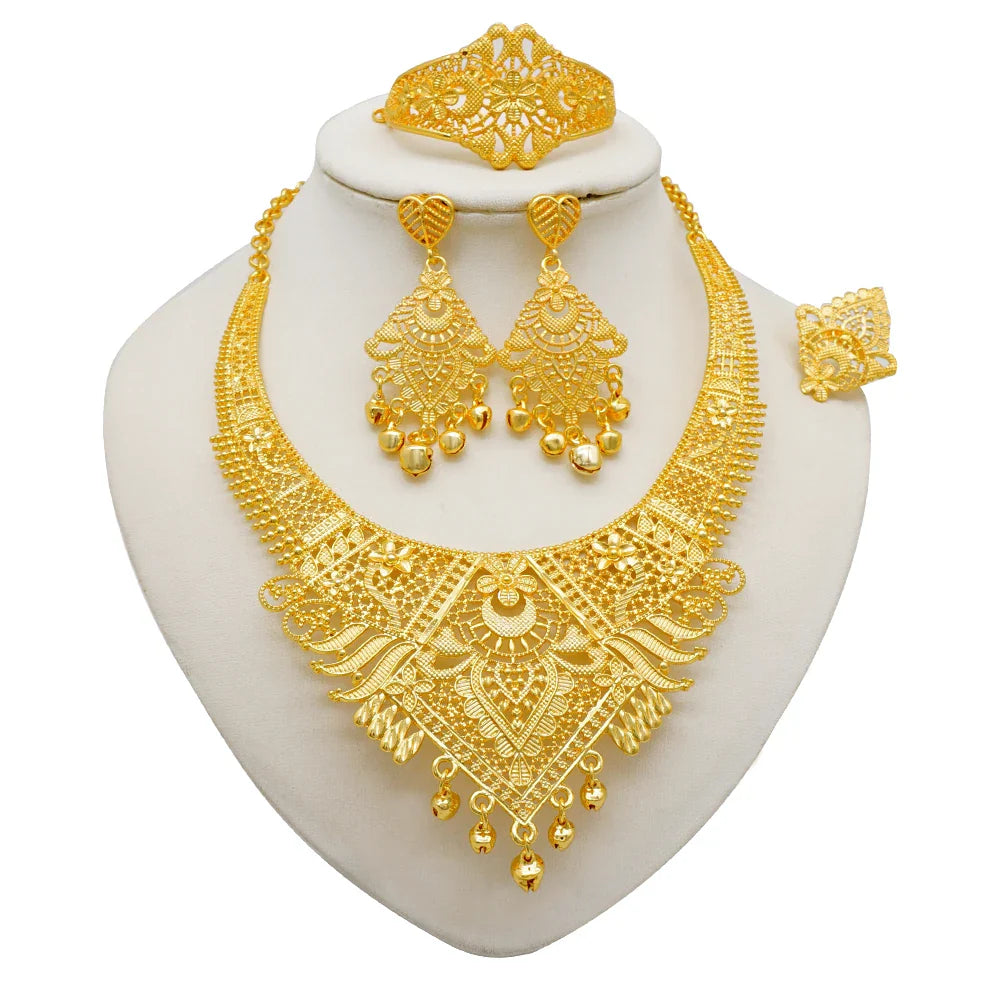 Indian Dubai Gold Color Jewelry Sets For Women Earring & Necklace Nigeria Moroccan Bridal Wedding Party Gifts