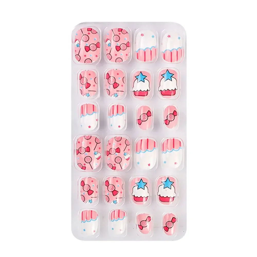 24Pcs/Set Kids Candy Flower Cute Fake Nails Detachable Full Cover False Nails Press On Nails Children Girls Nail Decoration Gift