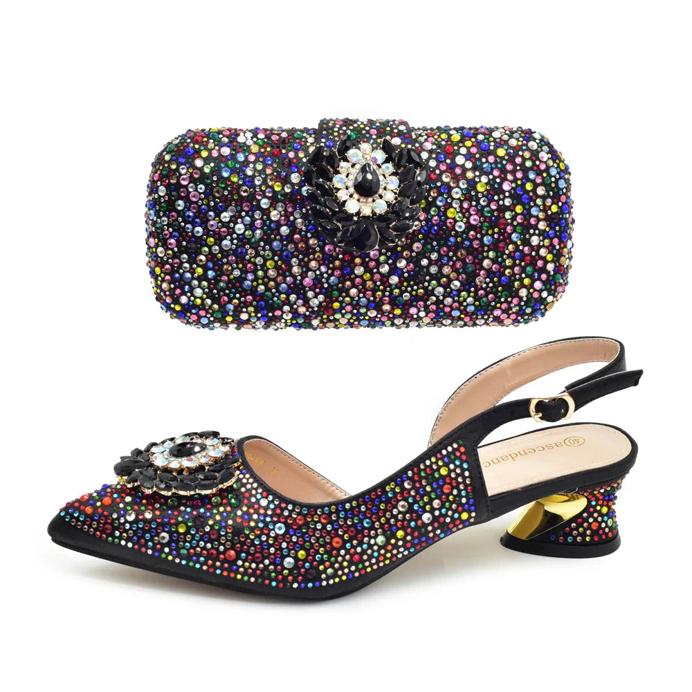 Elegant Italian Women's Rhinstone Pumps Heels Shoes and Bag Set To Match for Weddings and Party