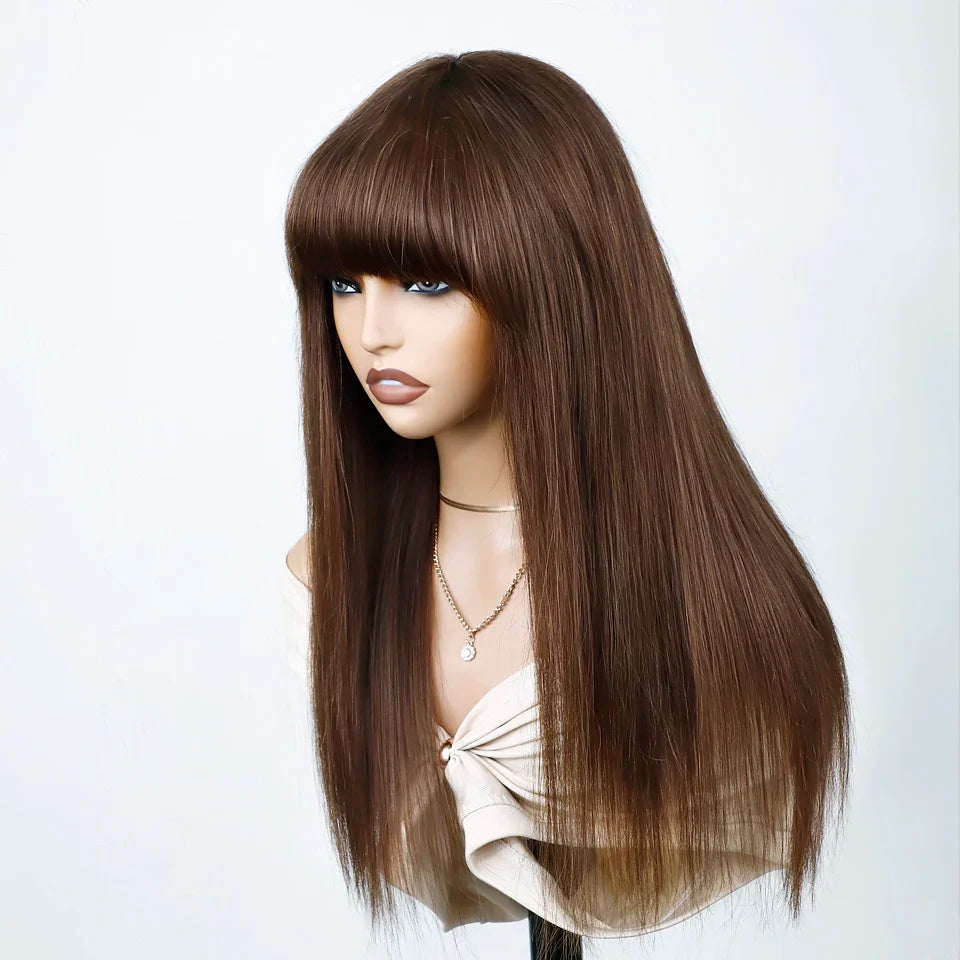 Human Hair Wigs With Bang Brazilian Straight Red Burgundy Human Hair Wigs Brown Color 4# For Black Women None Lace Wigs
