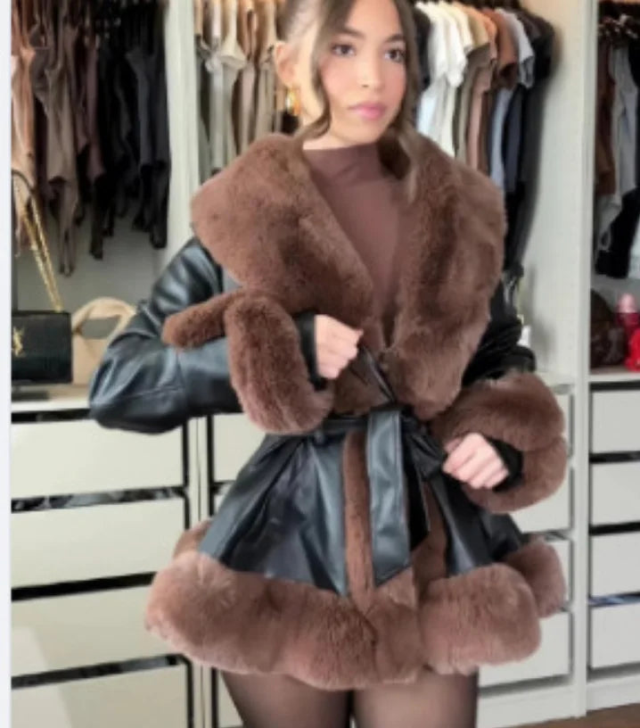Women's Casual Warm imitation Rabbit Hair Patchwork Leather Jacket