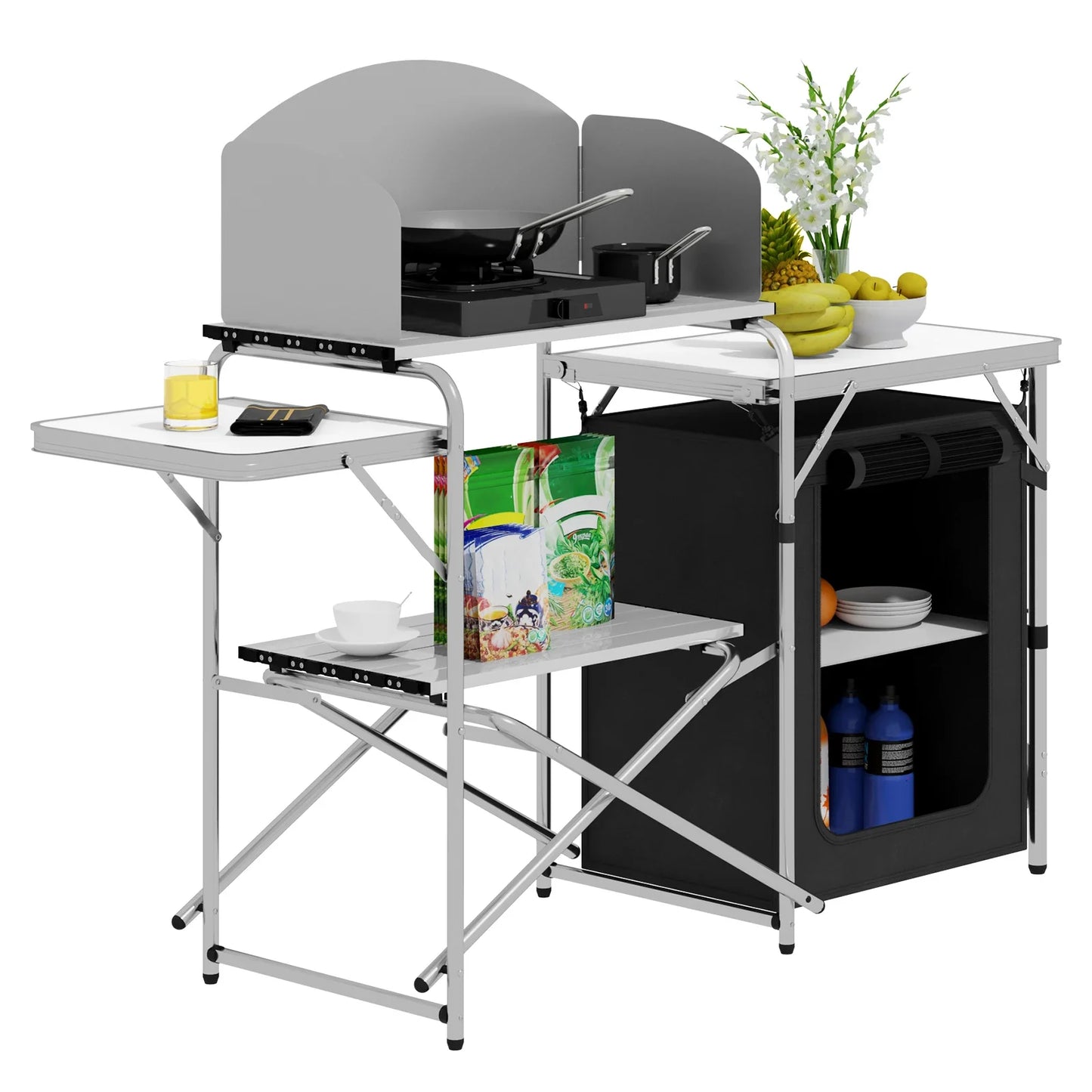WOLTU Aluminium Foldable Camping Cabinet Travel Kitchen Cooking Storage Rack BBQ Table with Carry Bag for Outdoor  Garden Picnic