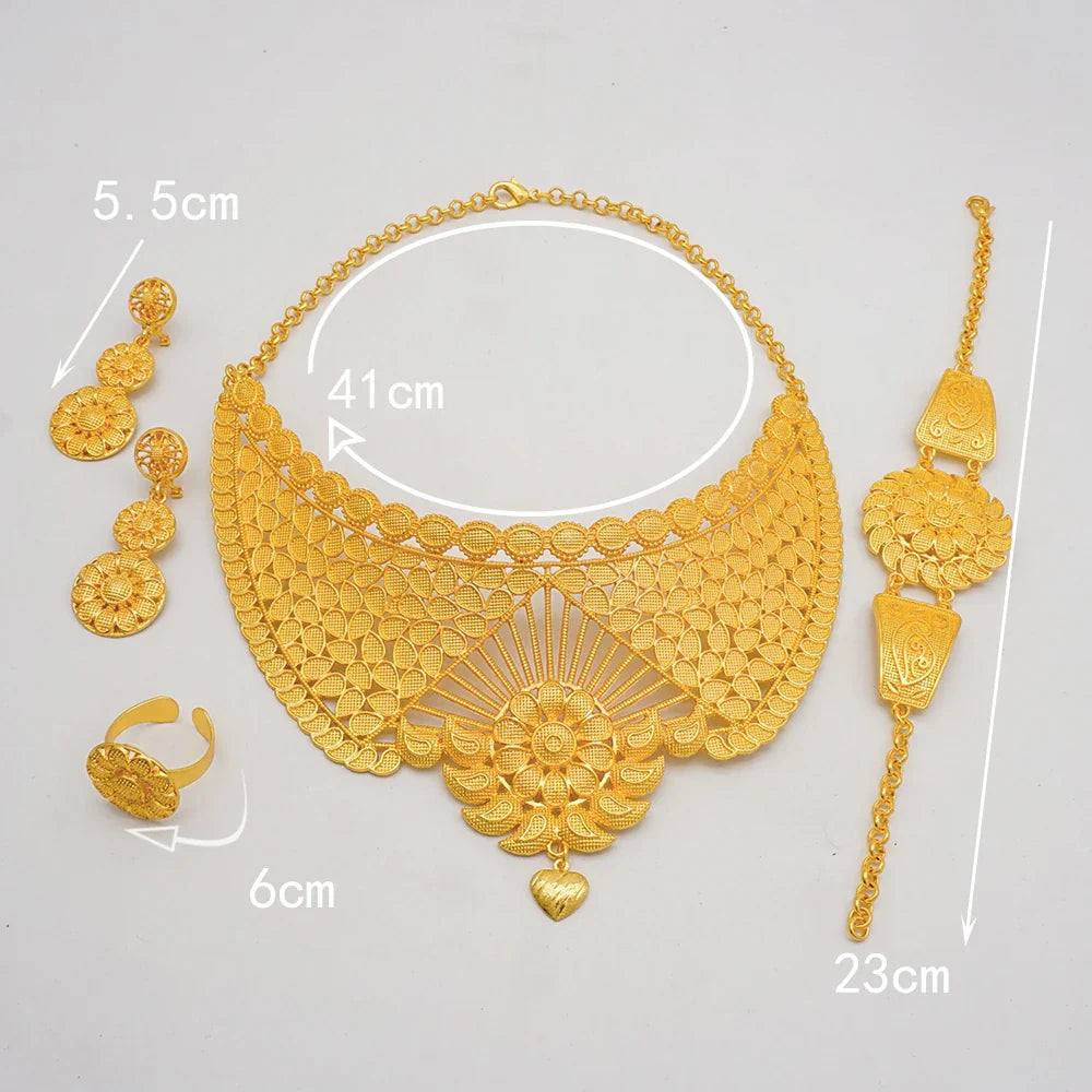 Indian Dubai Gold Color Jewelry Sets For Women Earring & Necklace Nigeria Moroccan Bridal Wedding Party Gifts
