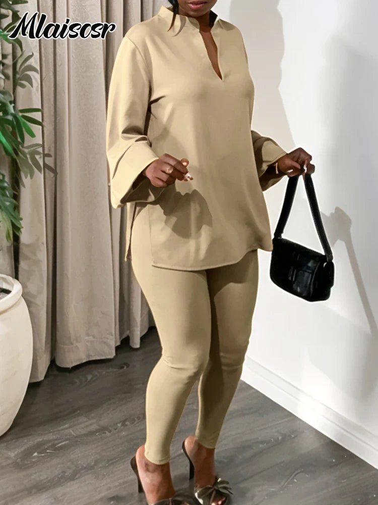 Mlaiscsr Causal Solid 2 Piece Set Women V Neck Loose Fit Tops and Legging Jogger Pants Suit Stretwear Birthday Tracksuits Outfit