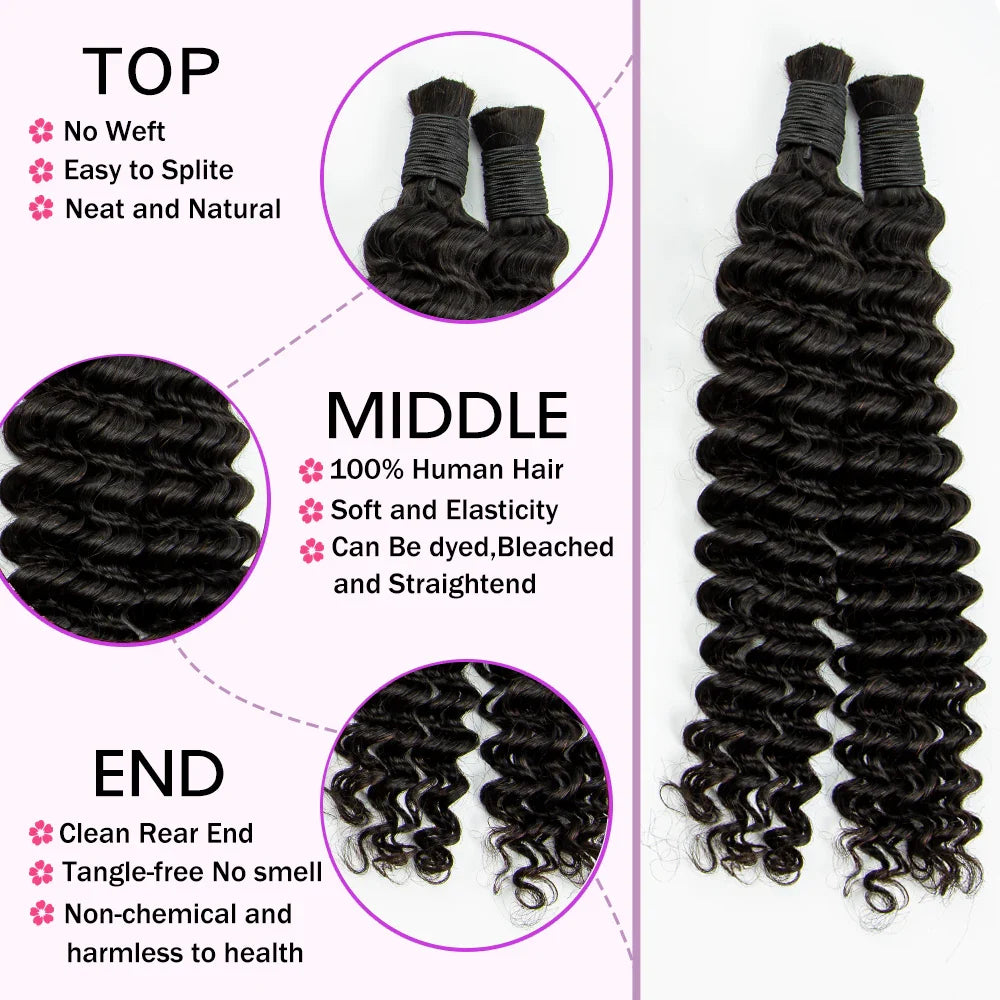 Natural Human Braiding Hair 26 28 Inch Deep Water Wave Bulk Human Hair for Boho Braids No Weft 16A Virgin Curly Hair Extensions