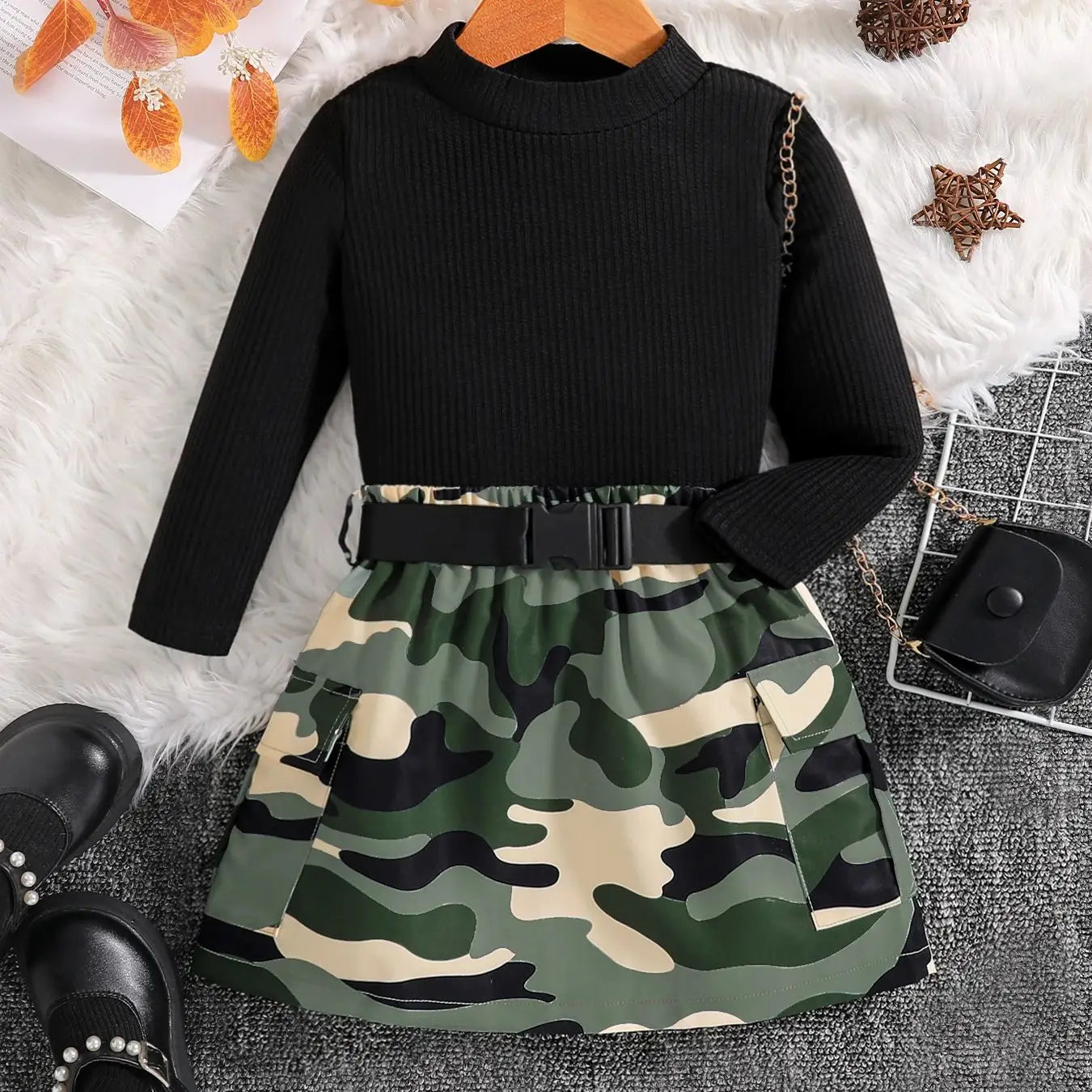 2-piece children's clothing autumn fashion girls' set - black round neck long sleeved top and camouflage skirt