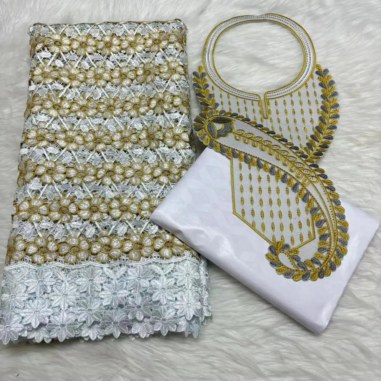 Gold 2.5yards Bazin Riche Fabric with 2.5yards  Cotton Lace Embroidery Fabrics and Collar African Materials For Sewing M5-509-1