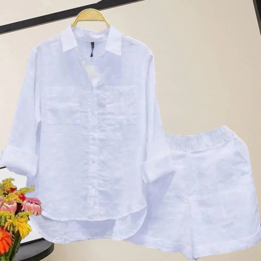 2 Pcs/Set Women Shirt Shorts Set Loose Long Sleeves Solid Color Elastic Waist Irregular Hem Lapel Female Spring Autumn Outfit