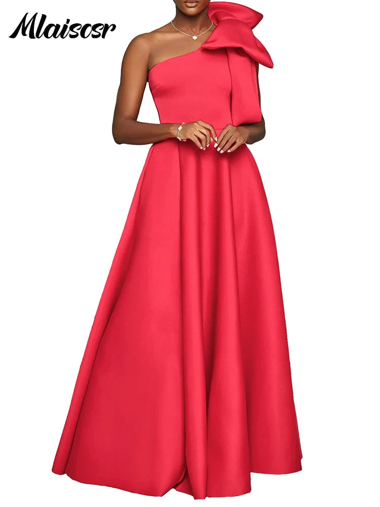 Mlaiscsr Slash Collar One Shoulder Big Bow A-Line Evening Dresses Women Elegant Red African Pleated Wedding Party Birthday Robe