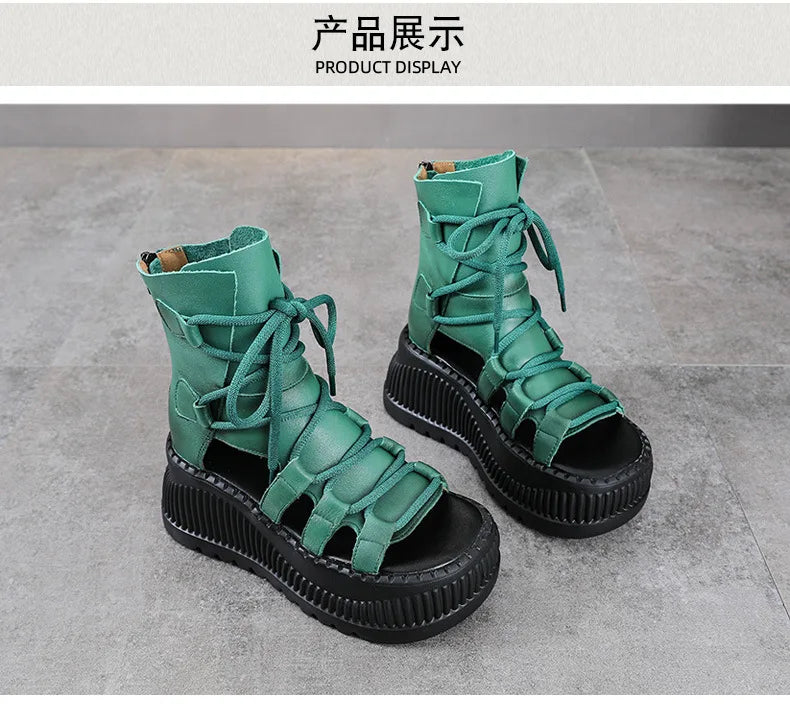 Koznoy 8cm Ethnic Cow Genuine Leather Ankle Booties Women Hollow Peep Toe Platform Wedge Breathable Zip Summer Fashion Shoes