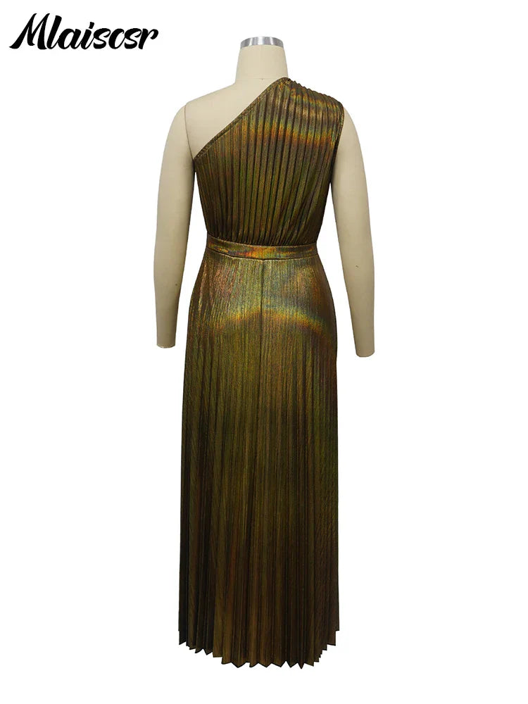 Women's Metallic Golden One Shoulder Sleeveless Pleated A-Line Long Dress Elegant Luxury Evening Gowns