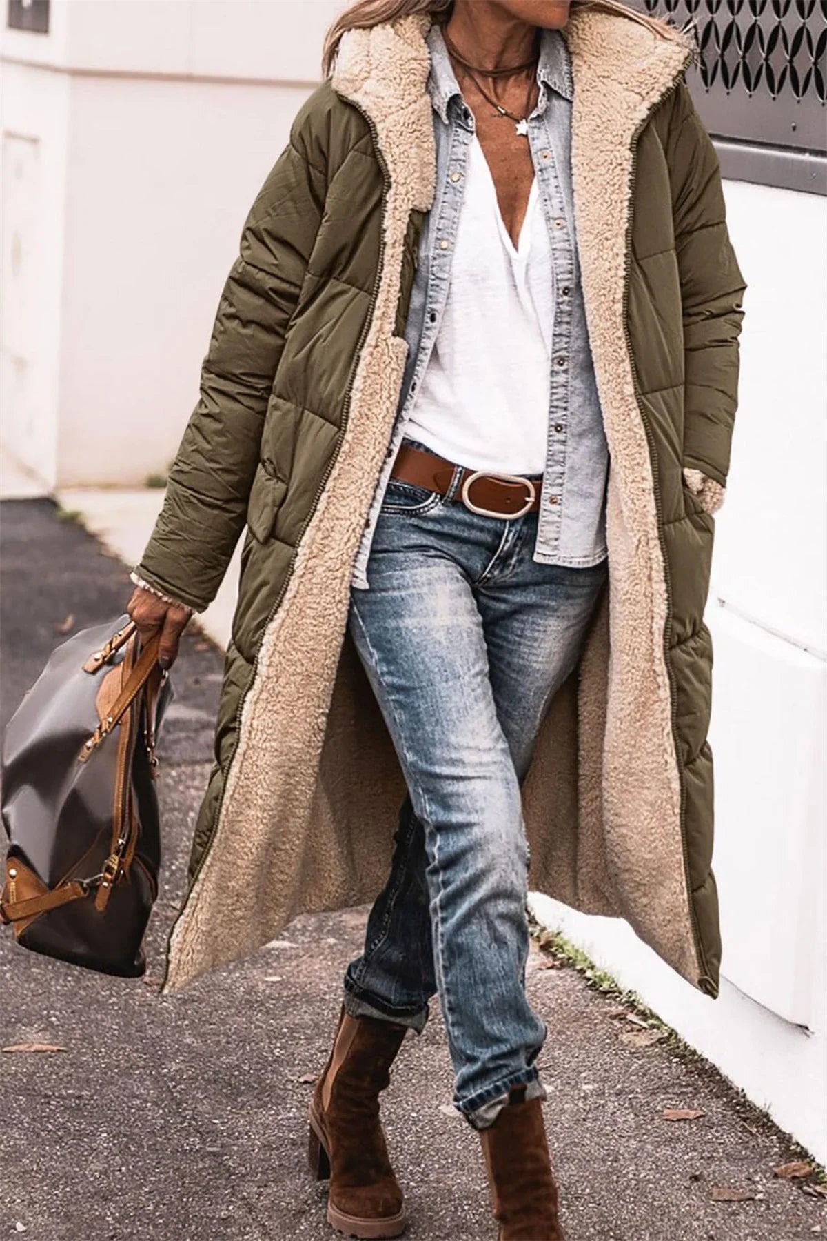Winter Hooded Quilted Women's Solid Reversible Long Sleeve Thick