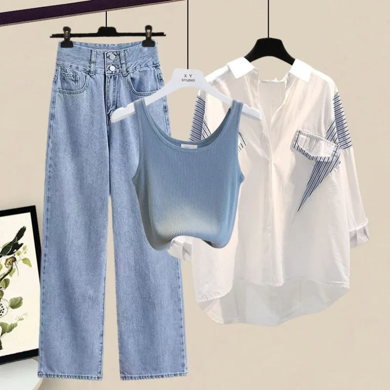 2025 Women Spring Summer New Striped Long Sleeve Shirt+Vest+Jeans 3-Piece Suit Korean Elegant Cardigan Denim Pants Matching Set