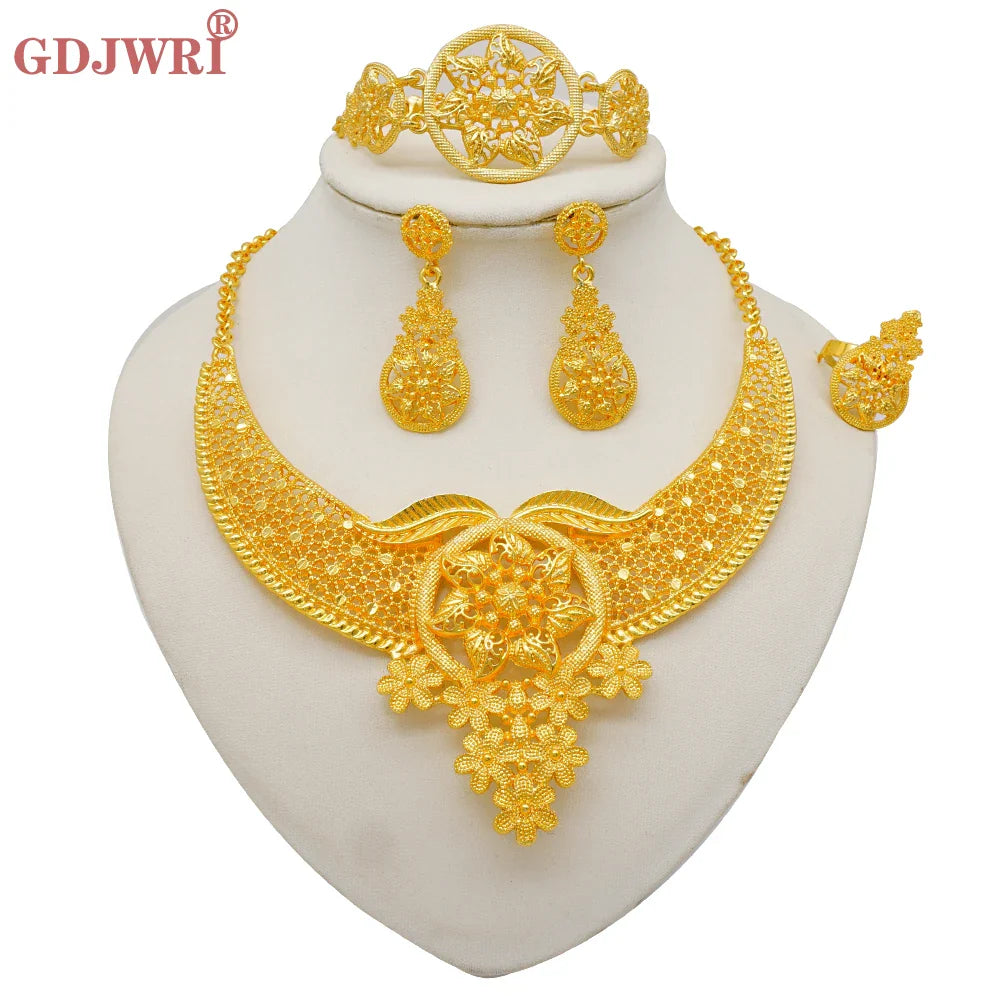 Indian Dubai Gold Color Jewelry Sets For Women Earring & Necklace Nigeria Moroccan Bridal Wedding Party Gifts