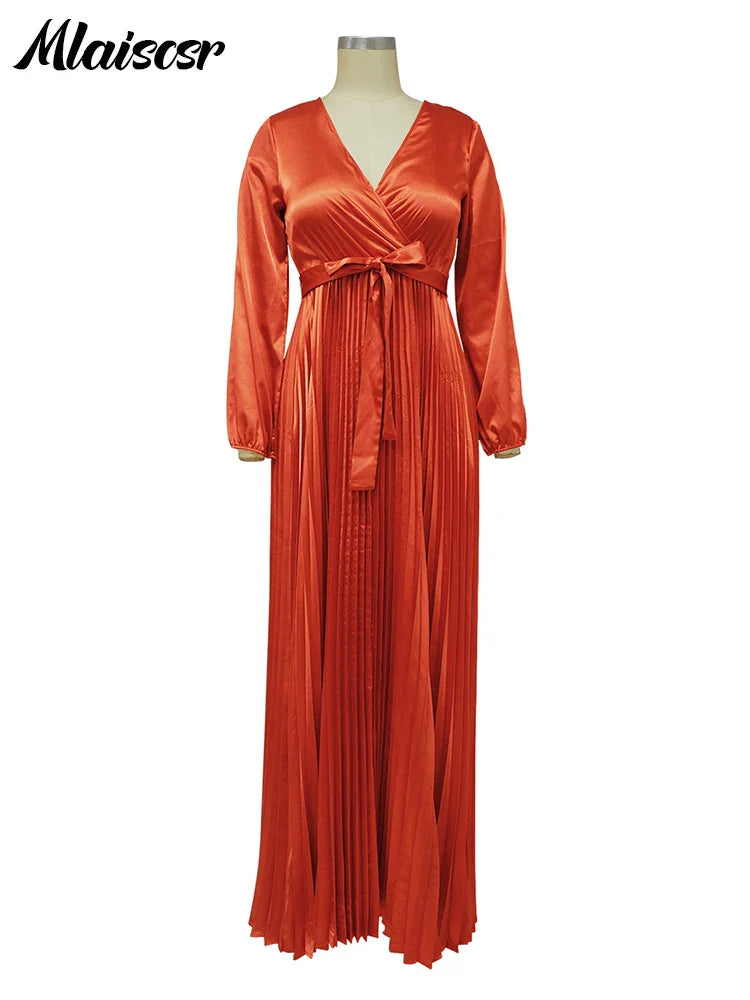 Mlaiscsr Elegant Wedding Guest Pleated Long Dress Women V Neck Lantern Sleeves Sashes Big Swing Sexy Birthday Party Evening Robe