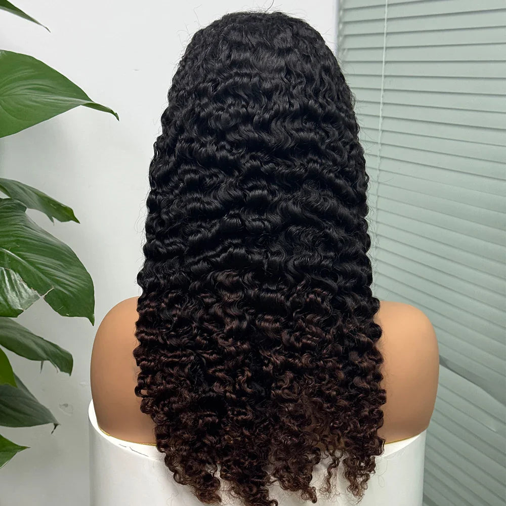 5x5 Lace 300% Density Burmese Deep Curly Hair Ombre Double Drawn Human Wig Transparent Lace Front