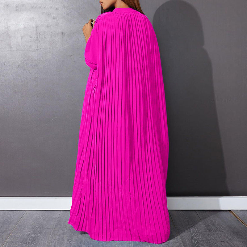 Autumn and Winter Fashion New Women's Loose Round Neck Single Breasted Pleated Temperament Obese Women's Long Sleeved Dress
