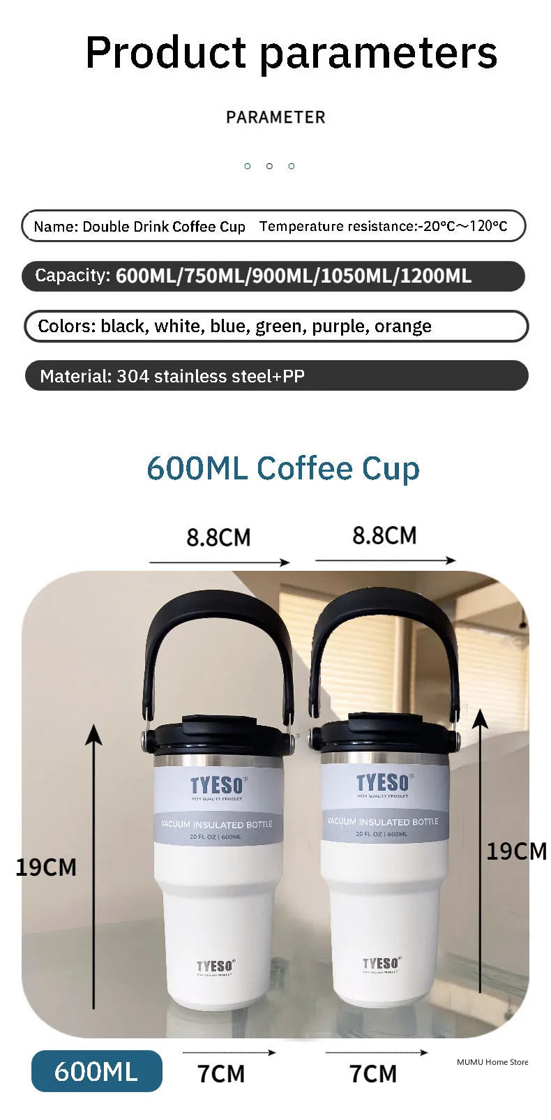 Tyeso Tumbler Coffee Cup Stainless Steel Vacuum Thermal Insulated Mug Large Capacity Double Drink Car Water Bottle Travel Mug
