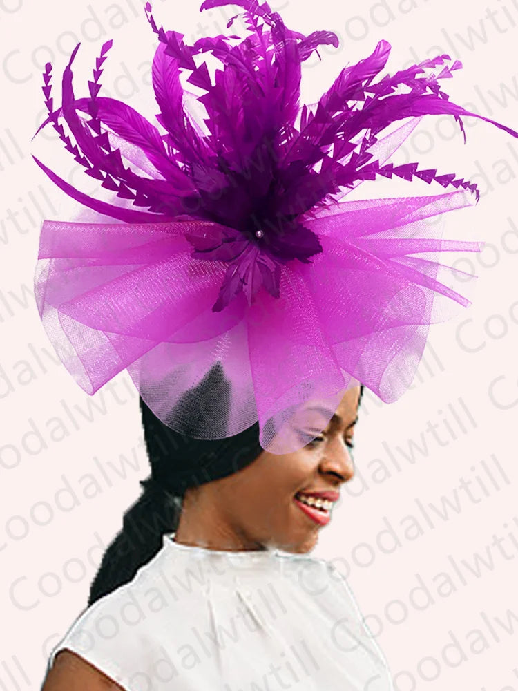 Kentucky Derby Big Fascinator Hat Women Wedding Elegant Feather Pillbox Cap Royal Party Headpiece Ladies Evening Church Chapeau