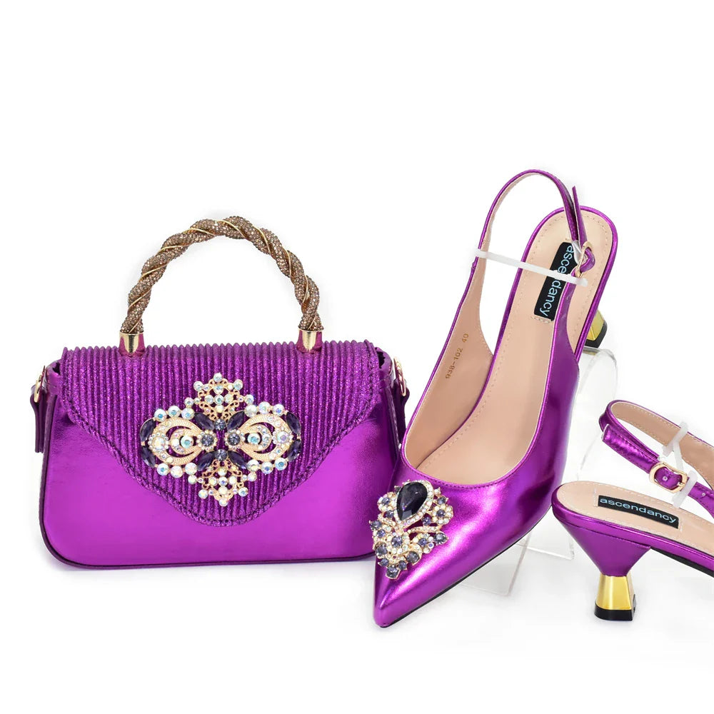 Fashion African Matching Shoes and Bags for Party Nigerian Women Nigerian Italian Shoes and Bags Set Decorated with Rhinestone