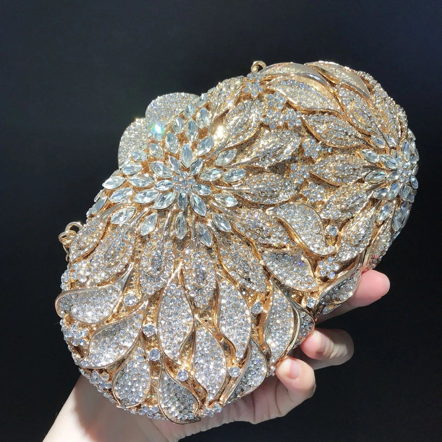 Gold Metal Leaves White Crystals Evening Clutch Bags Luxury Women Wedding Party Purse Ball Handbags Rhinestone Mini heart bag