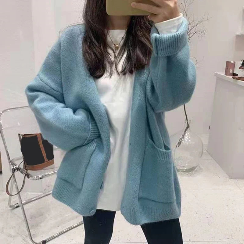 Rimcoy 2025 Chic Yellow Sweater Cardigan Women Lazy Wind Single-Breasted Knitted Cardigan Women Solid V Neck Cardigans Female