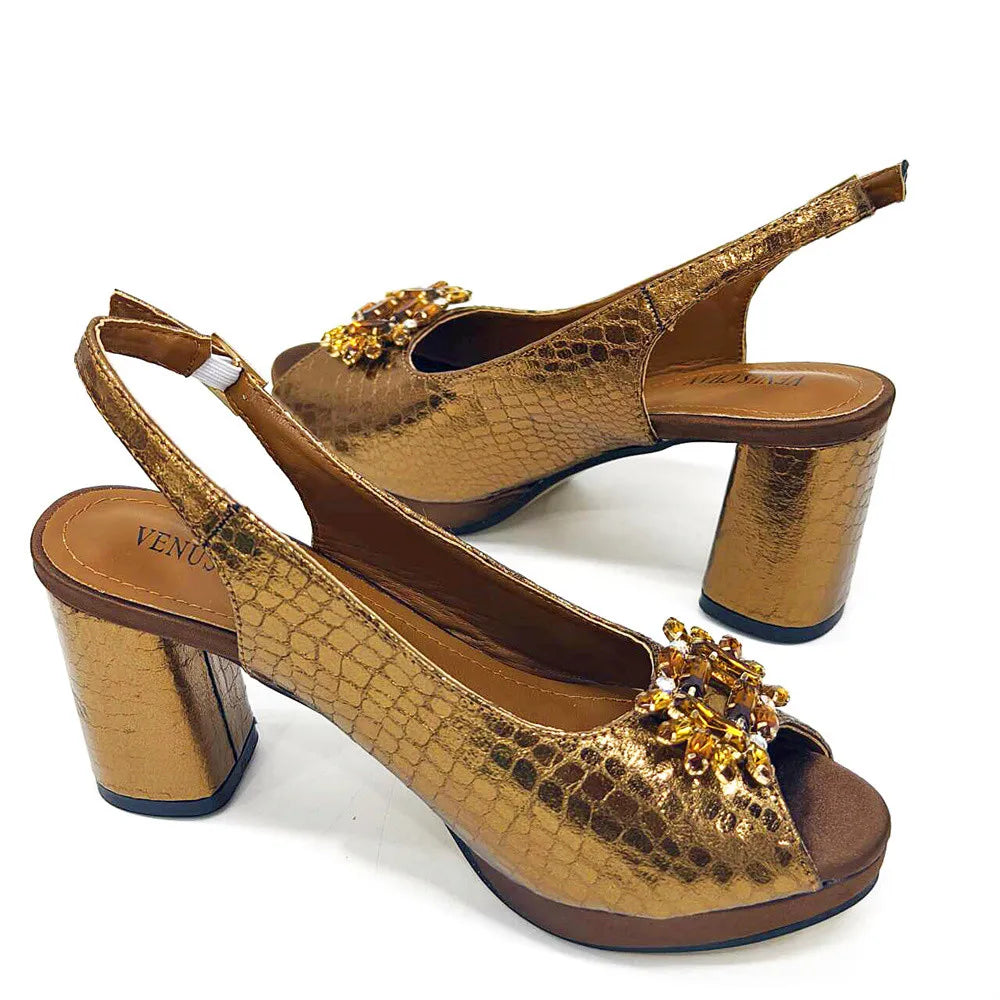 Women's Open Toe Heels Fashionable Rhinestone Decoration Shoe and Bag Set