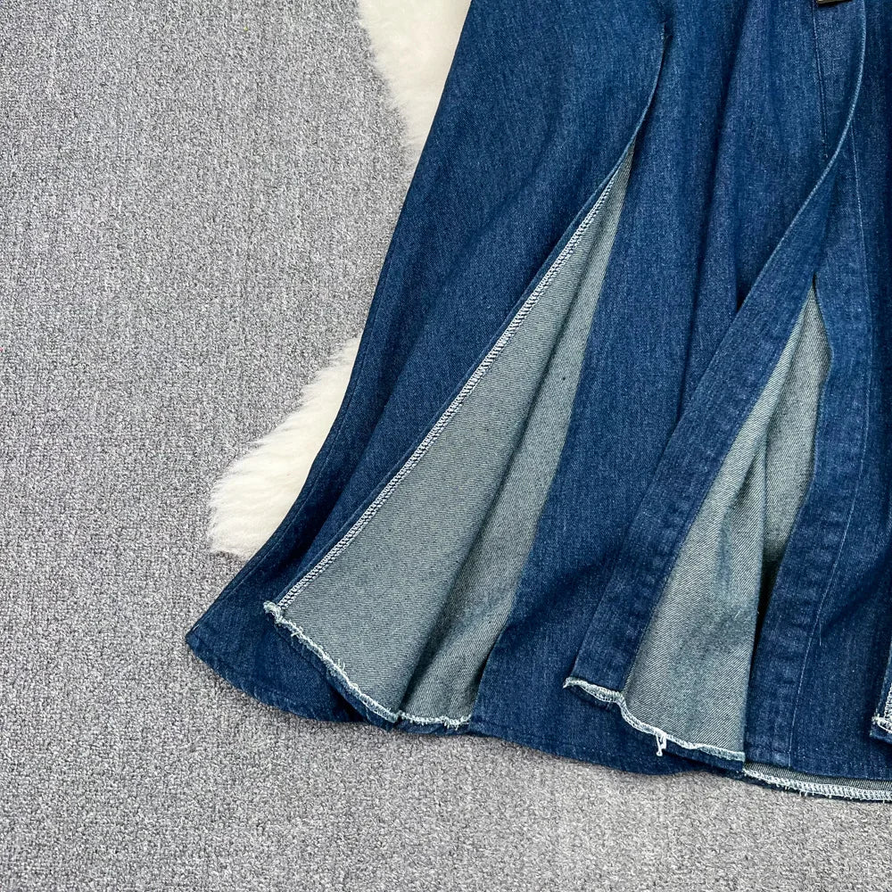 Denim Dress Women Long Dresses Turn Down Collar Sleeveless Party Club Hollow Out Jeans High Waist Slim Single Breasted Vestidos