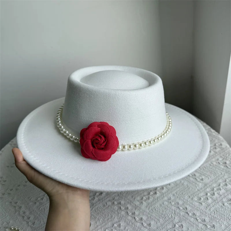 Women's Fashionable Fedora Hat 10CM Wide Brim Flat Top Felt Hats For Wedding And Jazz