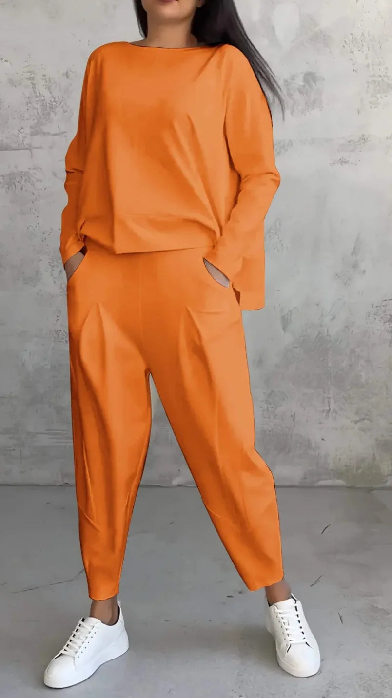 Women Two Piece Pant Sets Solid Full Sleeved Tops Round Neck Casual Midi Waist Long Pants Pockets Regular Elegant Lady