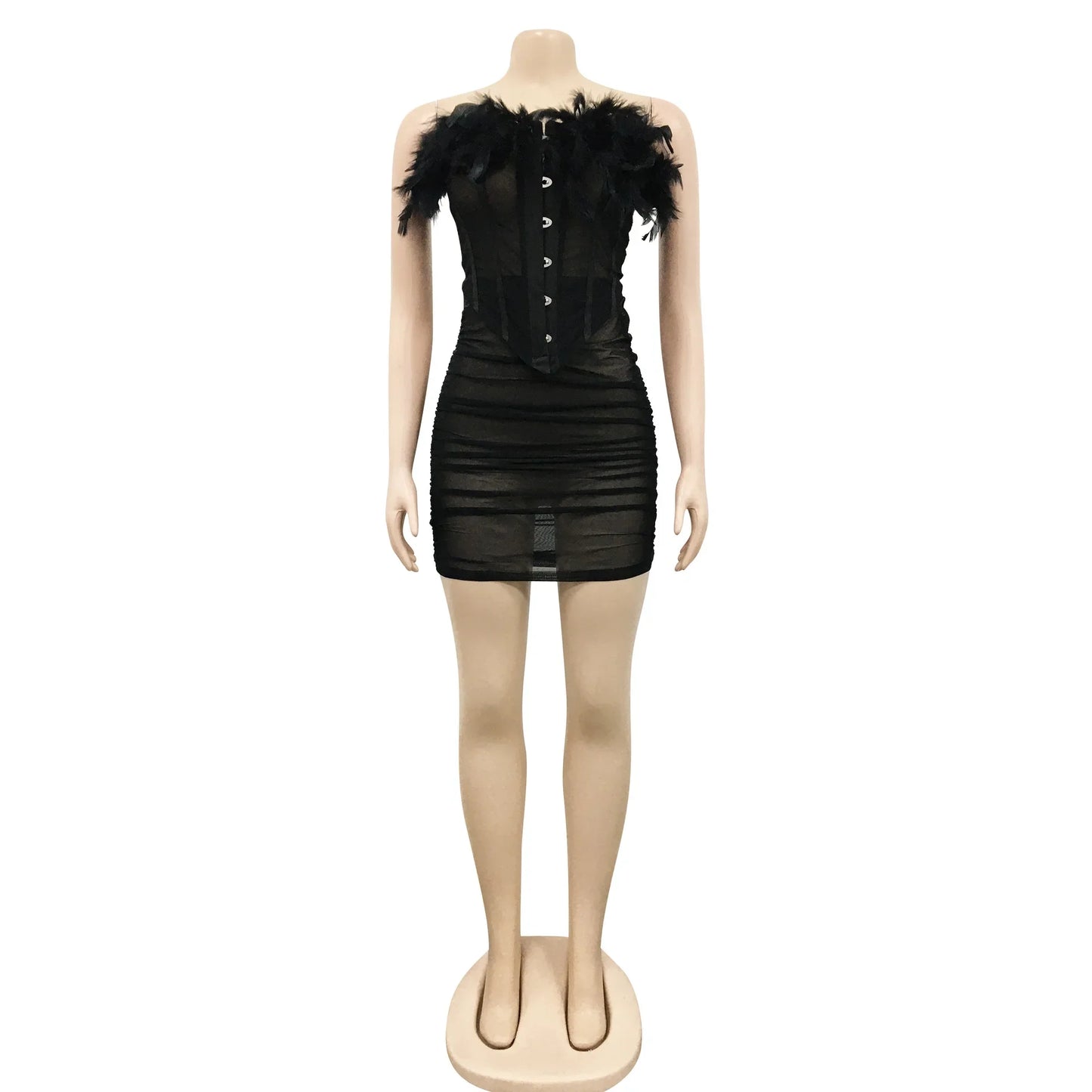 BKLD Co-ord Set Women Fashion Feathers Stitching Mesh Sheer Sexy Summer Two Piece Zip Up Corset Top And Bodycon Short Skirt Sets