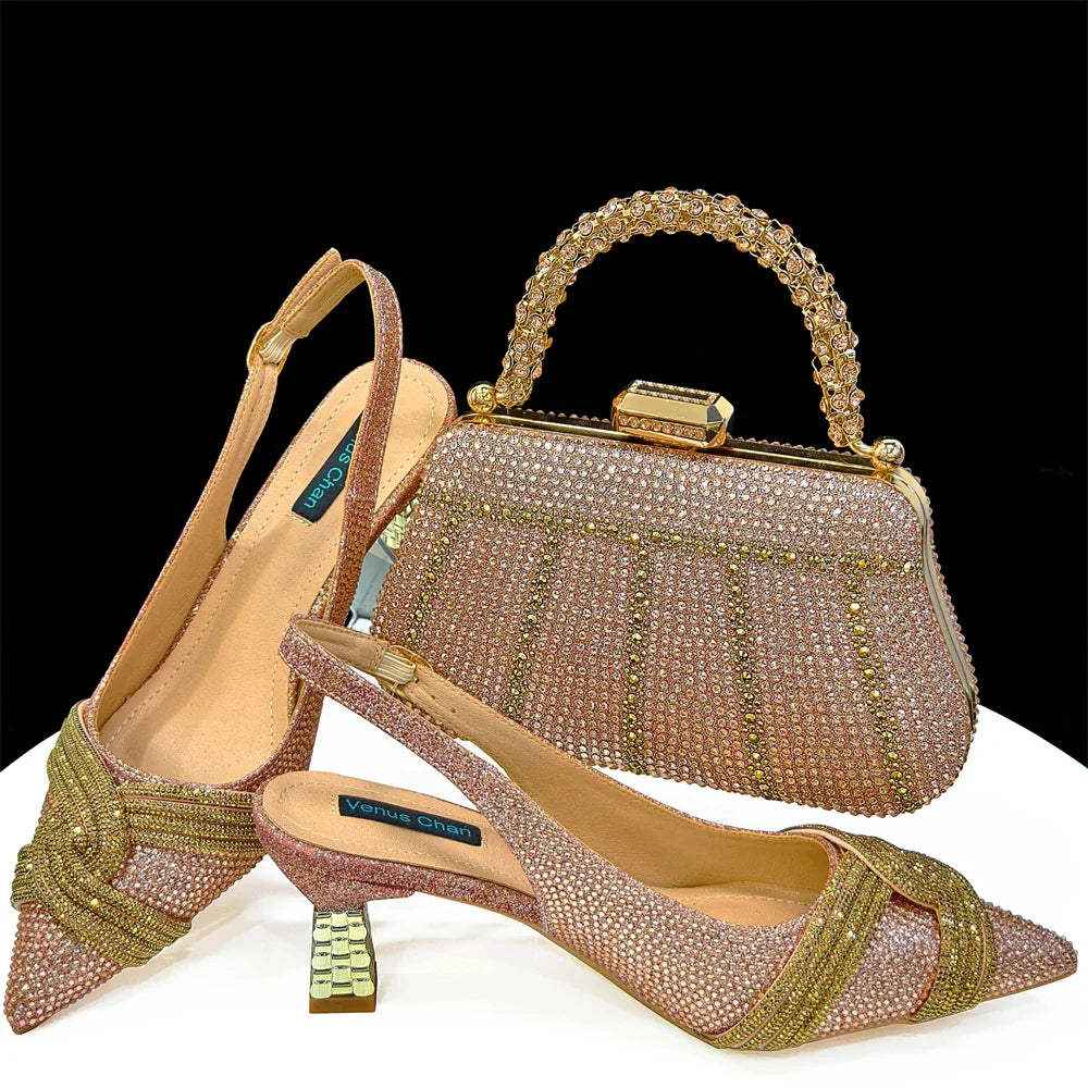 Venus Chan 2024 Special Design High Quality Orange Color African Women Shoes and Bag Set with Shinning Crystal for Wedding Party