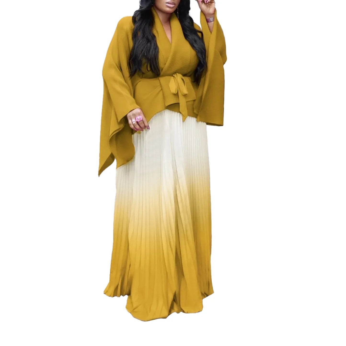 CM.YAYA Gradient Women's Set Full Sleeve Belt Blouse Shirt and Pleated Long Skirts Suit Street Two 2 Piece Set Outfit Tracksuit