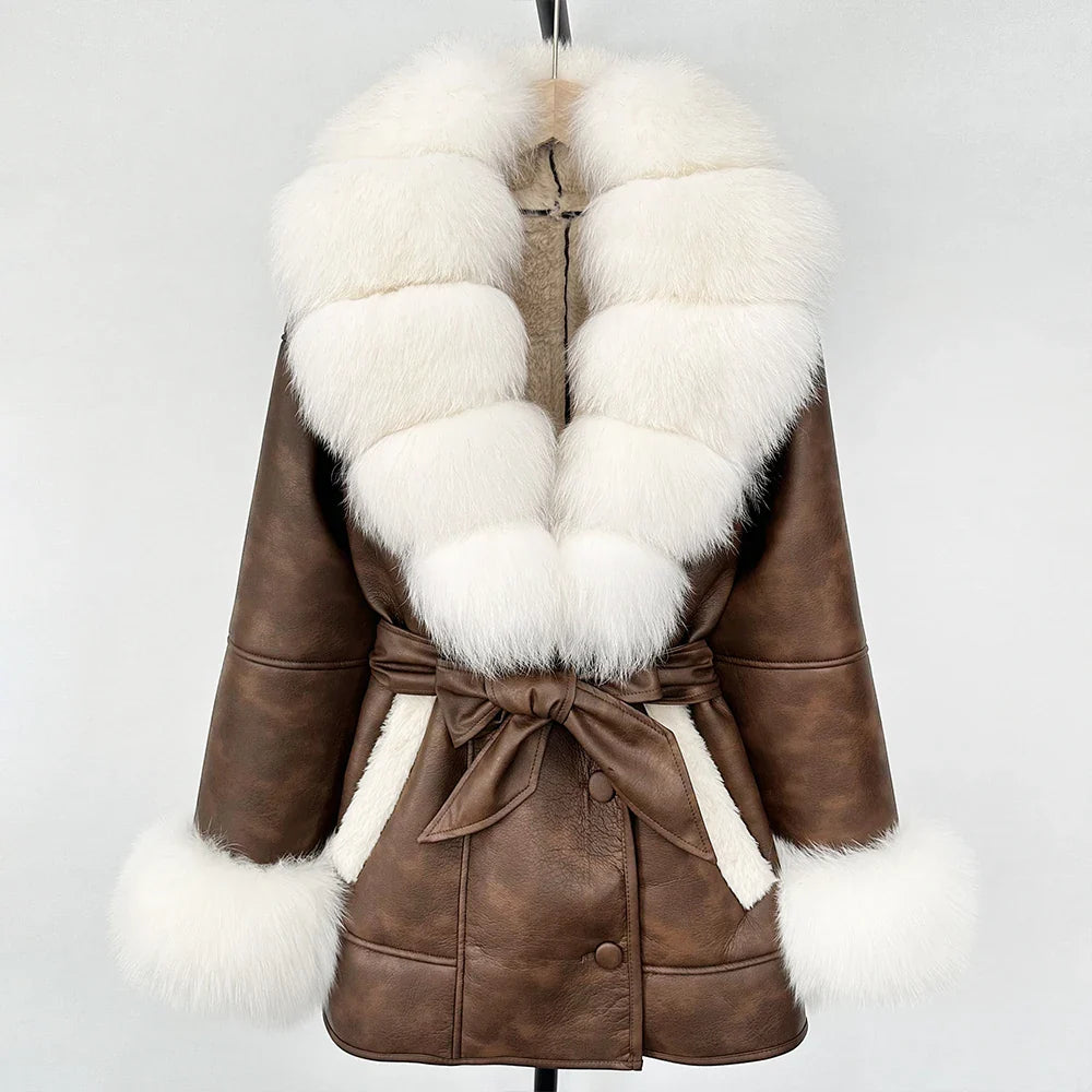 Women's Large Faux Fur Leather Jacket Warm Autumn Winter Outwear High Street Style Thick Warm Fur Turn-Down Collar Single Breasted